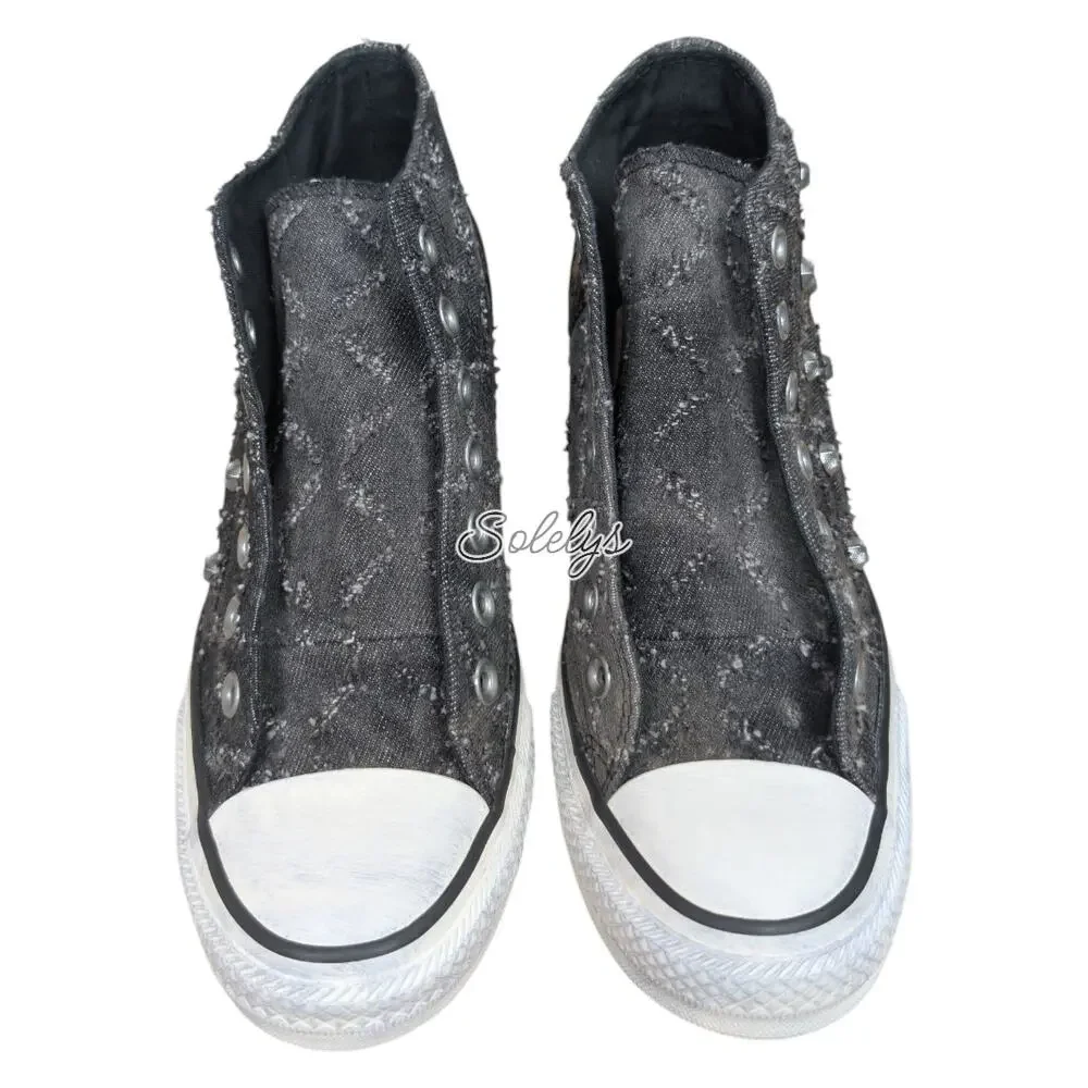Converse 2015 RARE Lux Mid Hidden Wedge Lurex Star Stud Distressed Sneaker 7.5